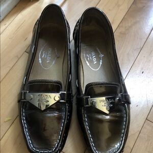 Prada Brown Patent Leather Loafers with Silver-Tone Plaque